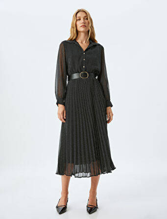 Astarlı Uzun Kollu Gömlek Yaka Düğmeli Kemerli Puantiyeli Uzun Puantiyeli Şifon Elbise 