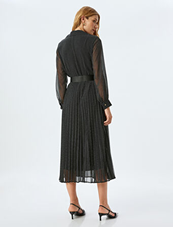 Astarlı Uzun Kollu Gömlek Yaka Düğmeli Kemerli Puantiyeli Uzun Puantiyeli Şifon Elbise 