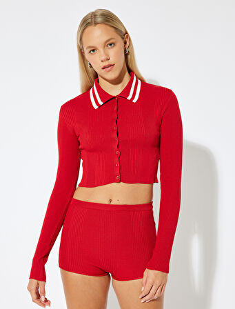 Polo Yaka Biyeli Düğmeli Dokulu Slim Fit Hırka