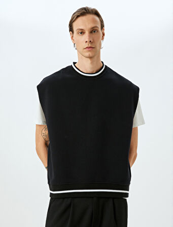 Bisiklet Yaka Çizgi Detaylı Şardonlu Pamuklu Oversize Süveter