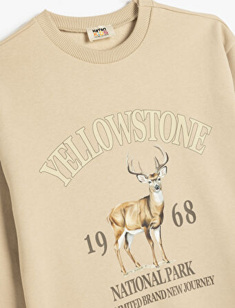 Oversize Sweatshirt Hayvanlar Baskılı Uzun Kollu Bisiklet Yaka Şardonlu