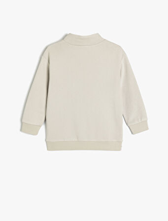 Dik Yaka Düğme Detaylı Baskılı Pamuklu Şardonlu Oversize Sweatshirt 