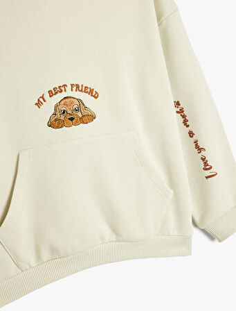 Kapşonlu Sweatshirt Kanguru Cepli Uzun Kollu Köpek Baskılı Şardonlu 