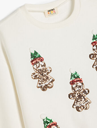 Sweatshirt Yılbaşı Temalı Pullu Payetli Kurabiye Adam Baskılı Uzun Kollu Bisiklet Yaka Şardonlu 