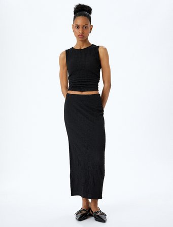 Slim Fit Dokulu Drape Detaylı Yüksek Bel Kalem Etek