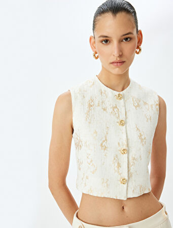 Gold Düğme Detaylı Desenli Müslin Crop Yelek