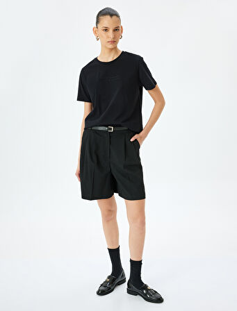 Bisiklet Yaka Nakış Detaylı Kısa Kollu Pamuklu Basic Tişört