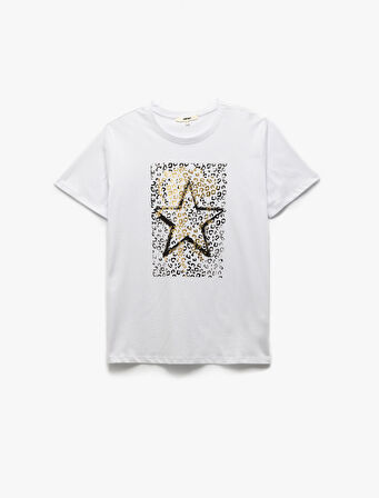 Leopar Baskılı Kısa Kollu Pamuklu Bisiklet Yaka Kadın Tişört