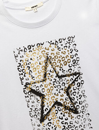 Leopar Baskılı Kısa Kollu Pamuklu Bisiklet Yaka Kadın Tişört