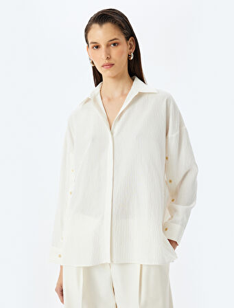 Metalik İplik Detaylı Uzun Kollu Viskon Oversize Gömlek