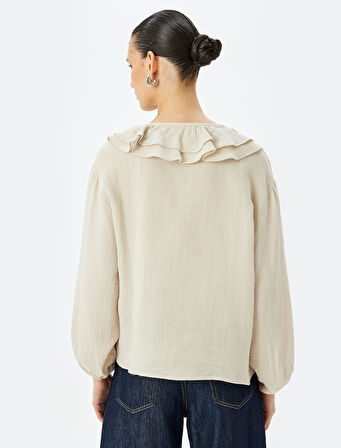 Uzun Kollu Bağlama Detaylı Bebe Yaka Müslin Bluz