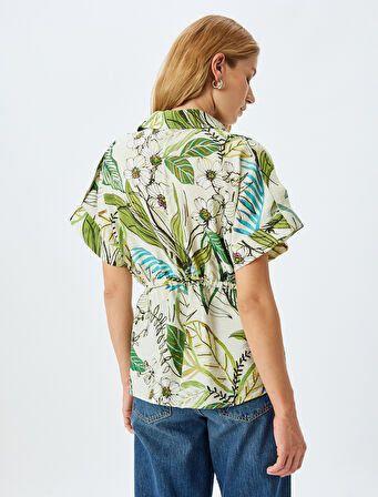 Floral Desenli Beli Bağlama Detaylı Viskon Kısa Kollu Oversize Gömlek  