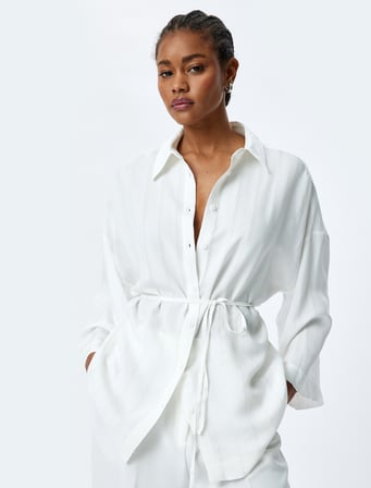 Kemerli 3/4 Kimono Kol Viskon Oversize Gömlek