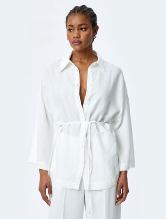 Kemerli 3/4 Kimono Kol Viskon Oversize Gömlek