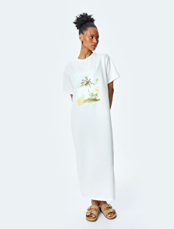 Bisiklet Yaka Kısa Kollu Baskılı Uzun Sweat Elbise