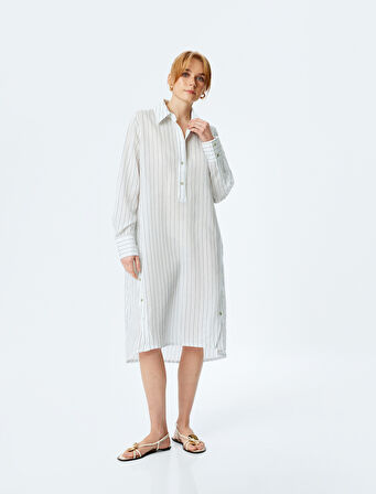 Viskon Yarım Düğmeli Uzun Kollu Midi Boy Oversize Gömlek Elbise