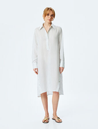 Viskon Yarım Düğmeli Uzun Kollu Midi Boy Oversize Gömlek Elbise