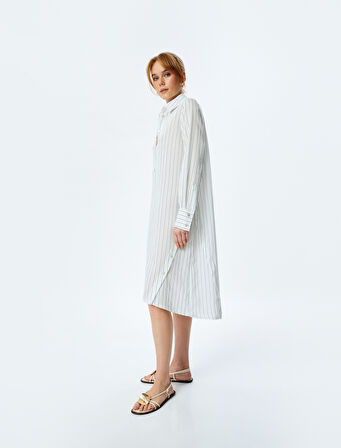 Viskon Yarım Düğmeli Uzun Kollu Midi Boy Oversize Gömlek Elbise