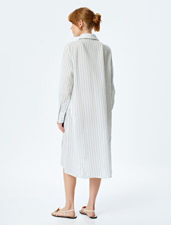 Viskon Yarım Düğmeli Uzun Kollu Midi Boy Oversize Gömlek Elbise