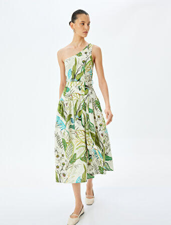 Midi Boy Astarlı Viskon Çiçekli Tek Omuz Elbise