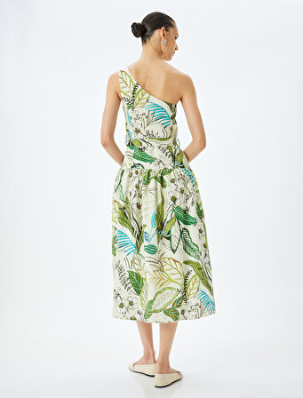 Midi Boy Astarlı Viskon Çiçekli Tek Omuz Elbise