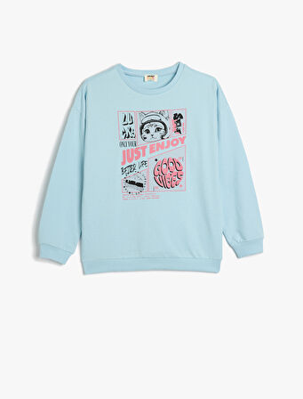 Sweatshirt Uzun Kollu Kedi Baskılı Bisiklet Yaka Pamuklu