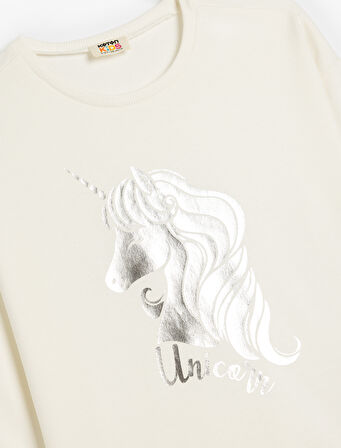 Sweatshirt Unicorn Baskılı Uzun Kollu Bisiklet Yaka Pamuklu