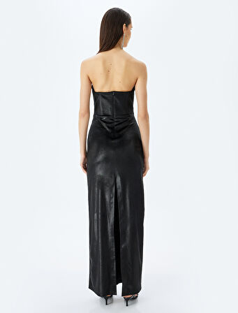 Drapeli Straplez Kolsuz Yırtmaç Detaylı Uzun Abiye Elbise