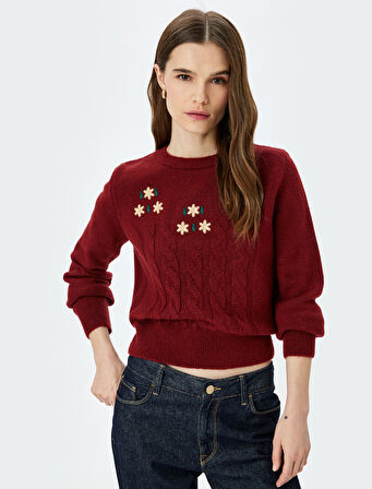 Uzun Kollu Bisiklet Yaka Çiçekli Saç Örgü Dokulu Örme Kazak