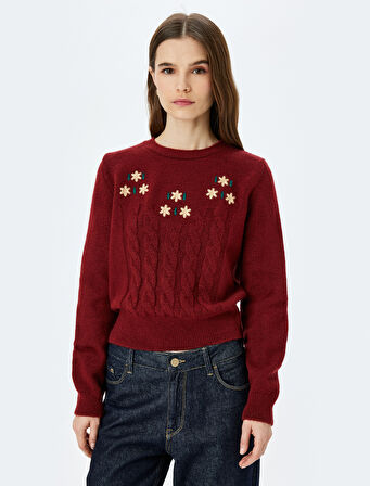 Uzun Kollu Bisiklet Yaka Çiçekli Saç Örgü Dokulu Örme Kazak