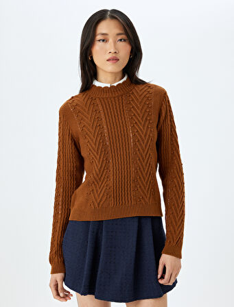 Uzun Kollu Bisiklet Yaka Geometrik Dokulu Örgü Kazak