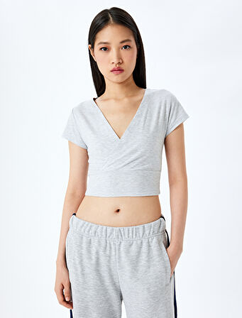 V Yaka Kısa Kollu Crop Slim Fit Spor Tişört