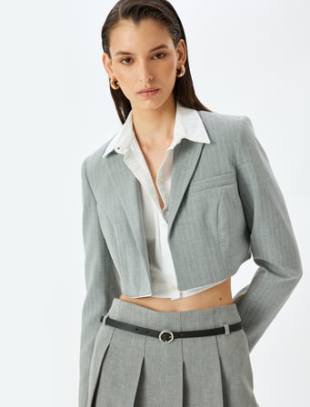 Uzun Kollu Kruvaze Crop Blazer Ceket