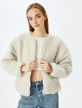 Bomber Yaka Fermuarlı Peluş Mont