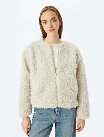 Bomber Yaka Fermuarlı Peluş Mont
