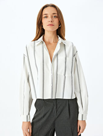 Uzun Kollu Cep Detaylı Çizgili Crop Poplin Gömlek 