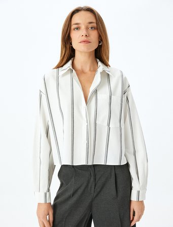 Uzun Kollu Cep Detaylı Çizgili Crop Poplin Gömlek 