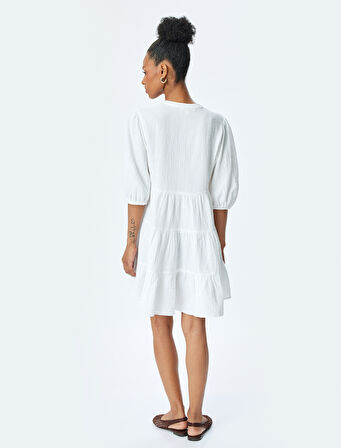 Pamuklu Katmanlı V Yaka Kısa Balon Kollu Mini Müslin Elbise