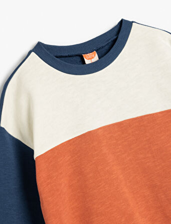 Uzun Kollu Bisiklet Yaka Renk Bloklu Şardonlu Pamuklu Sweatshirt