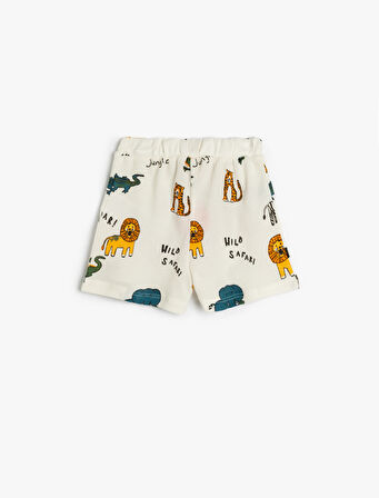 Şort Beli Bağlamalı Hayvanlar Baskılı Pamuklu