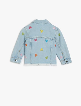 Kalp Nakış Detaylı Uzun Kollu Pamuklu Denim Ceket