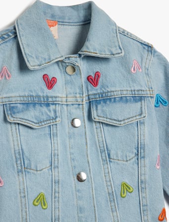 Kalp Nakış Detaylı Uzun Kollu Pamuklu Denim Ceket