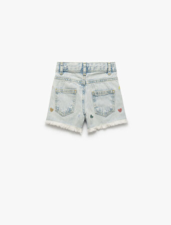 Pamuklu Kalp Nakış Detaylı Cepli Denim Şort