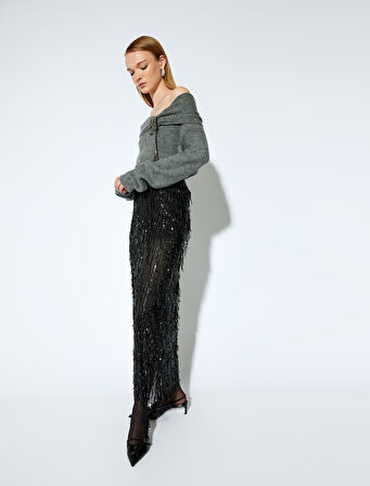 Koton X Melis Ağazat - Slim Fit Yarım Astarlı Otriş Detaylı Transparan Pullu Payetli İşlemeli Uzun Etek 