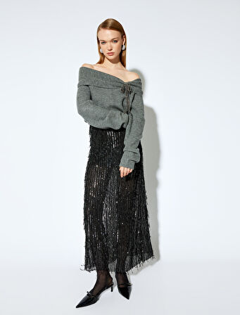 Koton X Melis Ağazat - Slim Fit Yarım Astarlı Otriş Detaylı Transparan Pullu Payetli İşlemeli Uzun Etek 