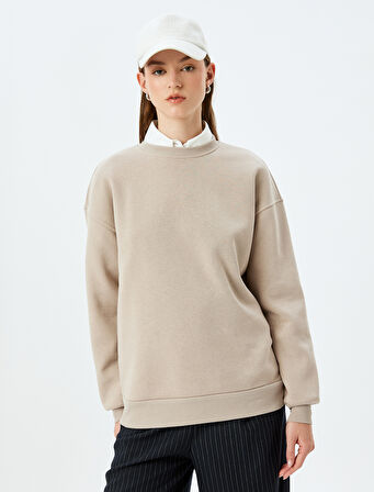 Üç İplik Şardonlu Uzun Kollu Bisiklet Yaka Basic Sweatshirt 