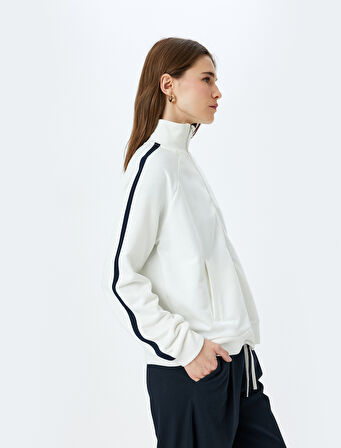 Cepli Dik Yaka Fermuarlı  Çizgili Oversize Sweatshirt