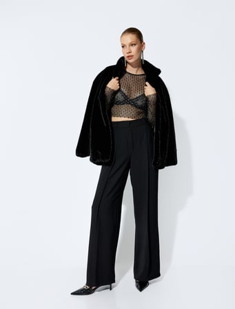 Tül Bisiklet Yaka Dokulu Uzun Kollu Slim Fit Bluz