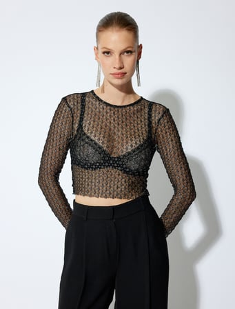 Tül Bisiklet Yaka Dokulu Uzun Kollu Slim Fit Bluz