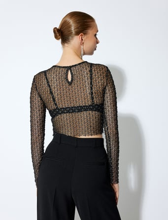 Tül Bisiklet Yaka Dokulu Uzun Kollu Slim Fit Bluz